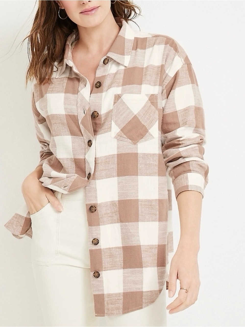 Maurices Cabin Plaid Button Up Boyfriend Shirt Light Brown White Medium Women’s